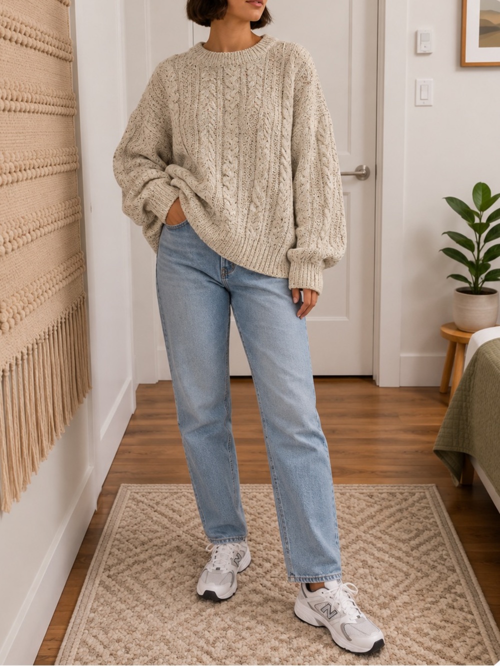 Vintage Beige Cable-Knit Sweater Size Large